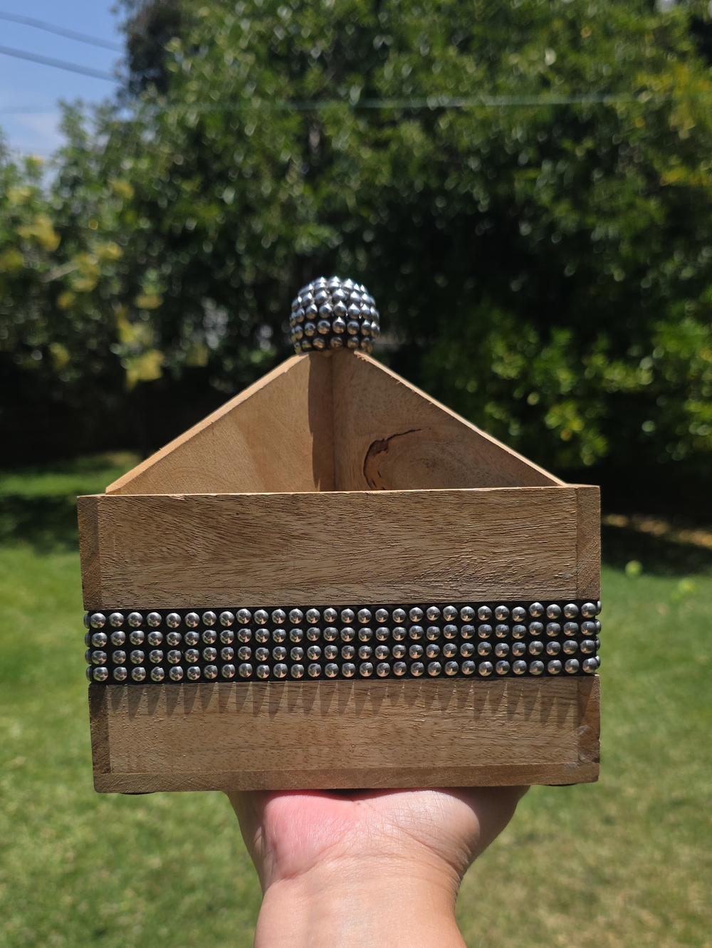 Mango Wood 4-Compartment Desk Organizer Caddy Beaded Metal Studded Detail